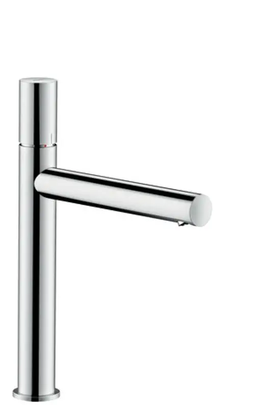 Ein AXOR Waschtischmischer mit einem schlanken, zylindrischen Design. Der Hebel ist auf der Oberseite platziert, und der Auslauf hat eine gerade Form für Aufsatzwaschtische.